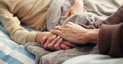 Buy stock photo Sick, holding hands and parent with child in bedroom for comfort with infection, virus and recovery. Family, home and person with kid in bed with cold, flu and resting for illness, healing or support