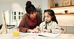 Girl, mother and help with homework, support and book for math, knowledge or education in home. People, mom and child for number assignment, learning and studying for development at family house