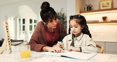 Buy stock photo Girl, mother and help with homework, support and book for math, knowledge or education in home. People, mom and child for number assignment, learning and studying for development at family house