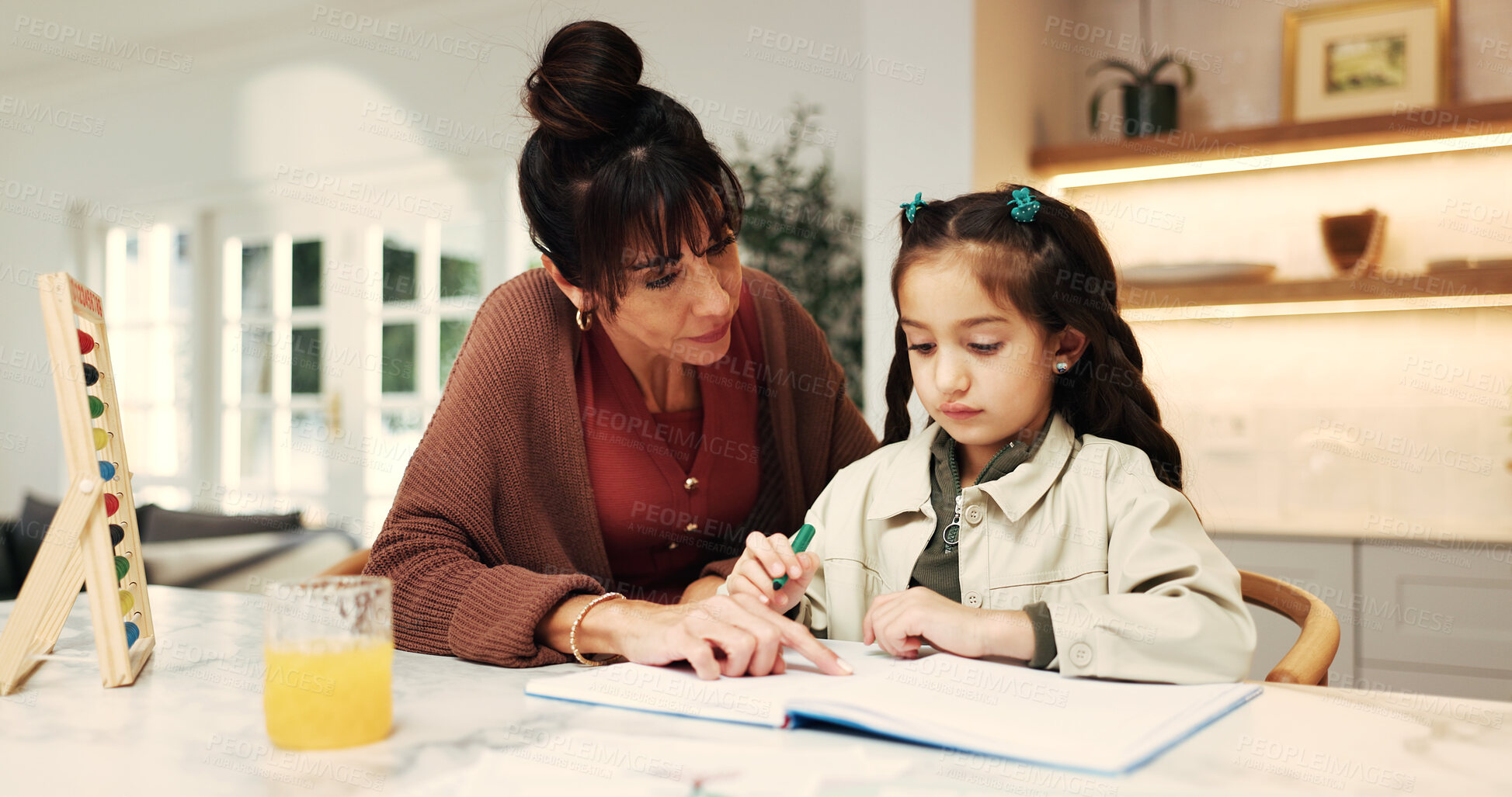 Buy stock photo Girl, mother and help with homework, support and book for math, knowledge or education in home. People, mom and child for number assignment, learning and studying for development at family house