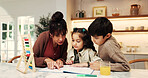 Children, mother and help with homework, support and book for math, knowledge or education in home. People, mom and kids for number assignment, learning and studying for development at family house
