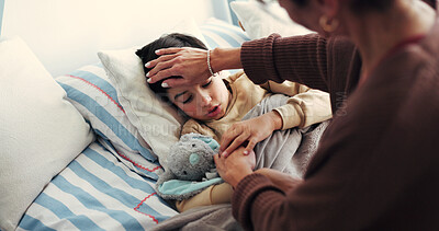 Buy stock photo Sick, fever and parent with child in bedroom with viral infection, temperature and recovery in home. Family, care and mother with girl on bed with cold, flu and tired for illness, healing and support