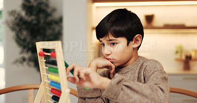 Buy stock photo Bored, homework and child with abacus in home for maths lesson, learning and counting for education. House, tired and boy with educational toy for development, studying and knowledge with numbers