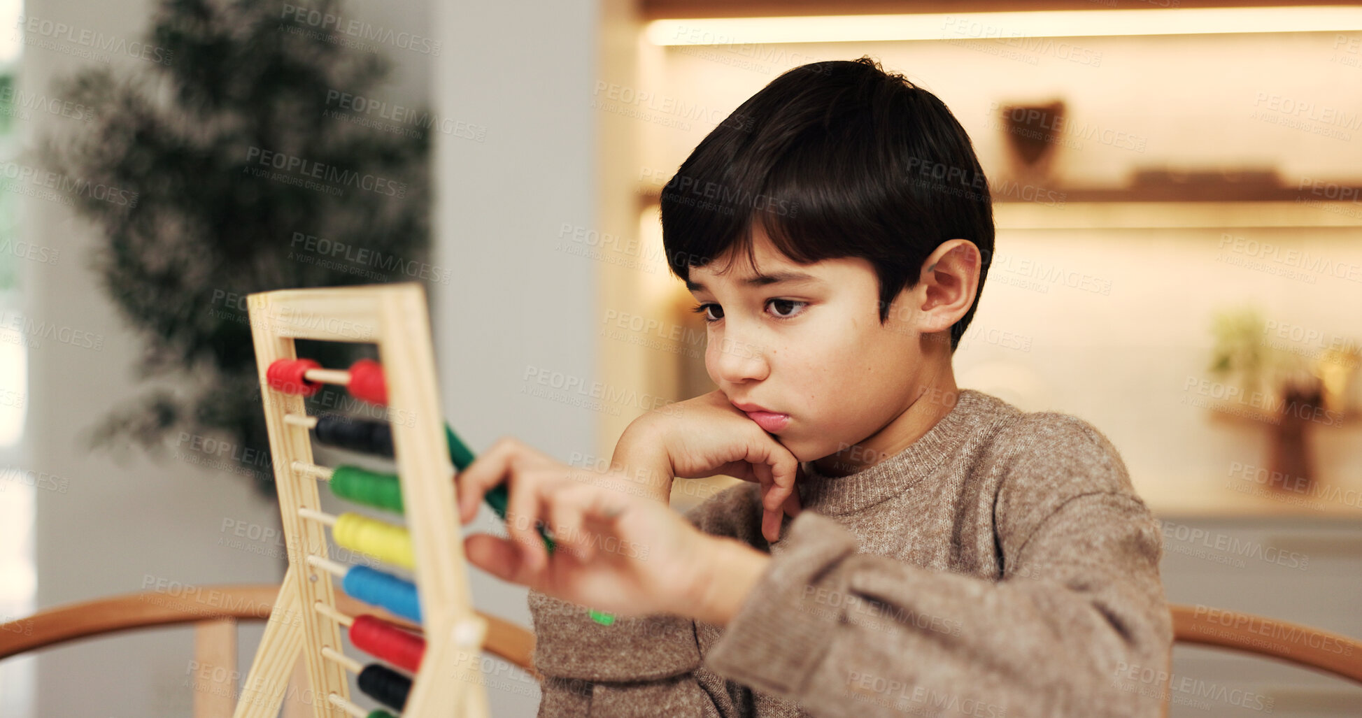 Buy stock photo Bored, homework and child with abacus in home for maths lesson, learning and counting for education. House, tired and boy with educational toy for development, studying and knowledge with numbers