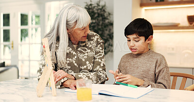 Buy stock photo Child, grandma and help with homework, support and book for math, knowledge or education in home. People, grandmother and boy for counting, learning and studying for development at family house