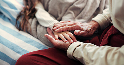 Buy stock photo Sick, holding hands and person with child in bedroom for comfort with infection, virus or recovery. Family, home and grandparent with kid for care, love and wellness for illness, healing and support