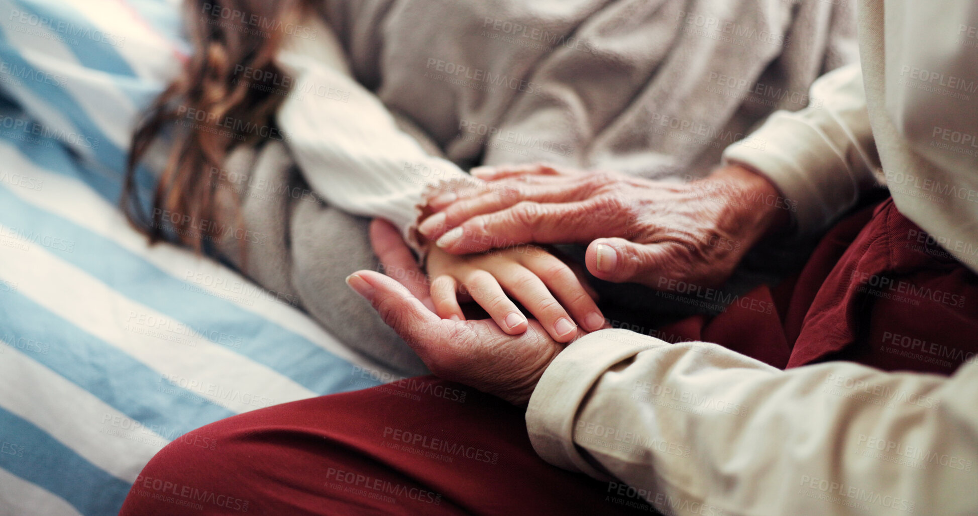Buy stock photo Sick, holding hands and person with child in bedroom for comfort with infection, virus or recovery. Family, home and grandparent with kid for care, love and wellness for illness, healing and support