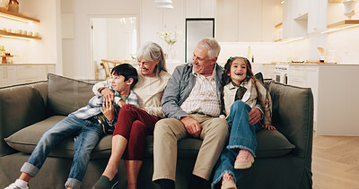 Buy stock photo Smile, grandparents and relax in home with children, love and bonding together for weekend fun. Happy, senior people and laughing at house with kids, babysitting and family connection for childcare