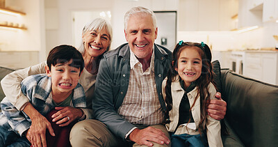 Buy stock photo Hug, love and children in home with grandparents, bonding and funny portrait together. Smile, grandmother and grandfather with kids on sofa in lounge for family connection, support and siblings relax