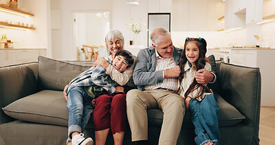 Buy stock photo Smile, grandparents and playing in home with children, love or bonding together for weekend fun. Happy, old people and laugh at house with kids, playful activity and family connection for babysitting