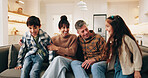 Smile, parents and playing in home with children, love and bonding together for weekend fun. Happy, mature people and laugh at house with kids, playful activity and family connection for school break