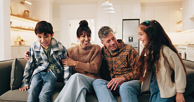Buy stock photo Smile, parents and playing in home with children, love and bonding together for weekend fun. Happy, mature people and laugh at house with kids, playful activity and family connection for school break