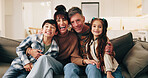 Family, love and portrait in home with happiness, bonding and laughing together with parents. Smile, mother and father with children on sofa in lounge for connection, support and siblings relax