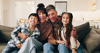 Buy stock photo Family, love and portrait in home with happiness, bonding and laughing together with parents. Smile, mother and father with children on sofa in lounge for connection, support and siblings relax