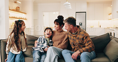 Buy stock photo Happy, parents and playing in home with children, love and bonding together for weekend fun. Smile, mature people and laugh at house with kids, playful activity and family connection for spring break