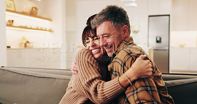 Buy stock photo Happy, couple and hug in house with love, bonding together and gratitude for caring relationship. Married, mature people and smile in living room with embrace, wellness and loyalty for commitment.