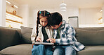 Kids, siblings and play in house with tablet, online educational website and game for bonding together. Children, brother and sister learning in home with tech, gaming and internet for entertainment.