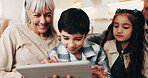 Support, grandmother or kids with tablet in home for online game, bonding activity or weekend visit. Care, senior woman and children with tech for digital puzzle, relationship development and family