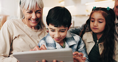 Buy stock photo Support, grandmother or kids with tablet in home for online game, bonding activity or weekend visit. Care, senior woman and children with tech for digital puzzle, relationship development and family