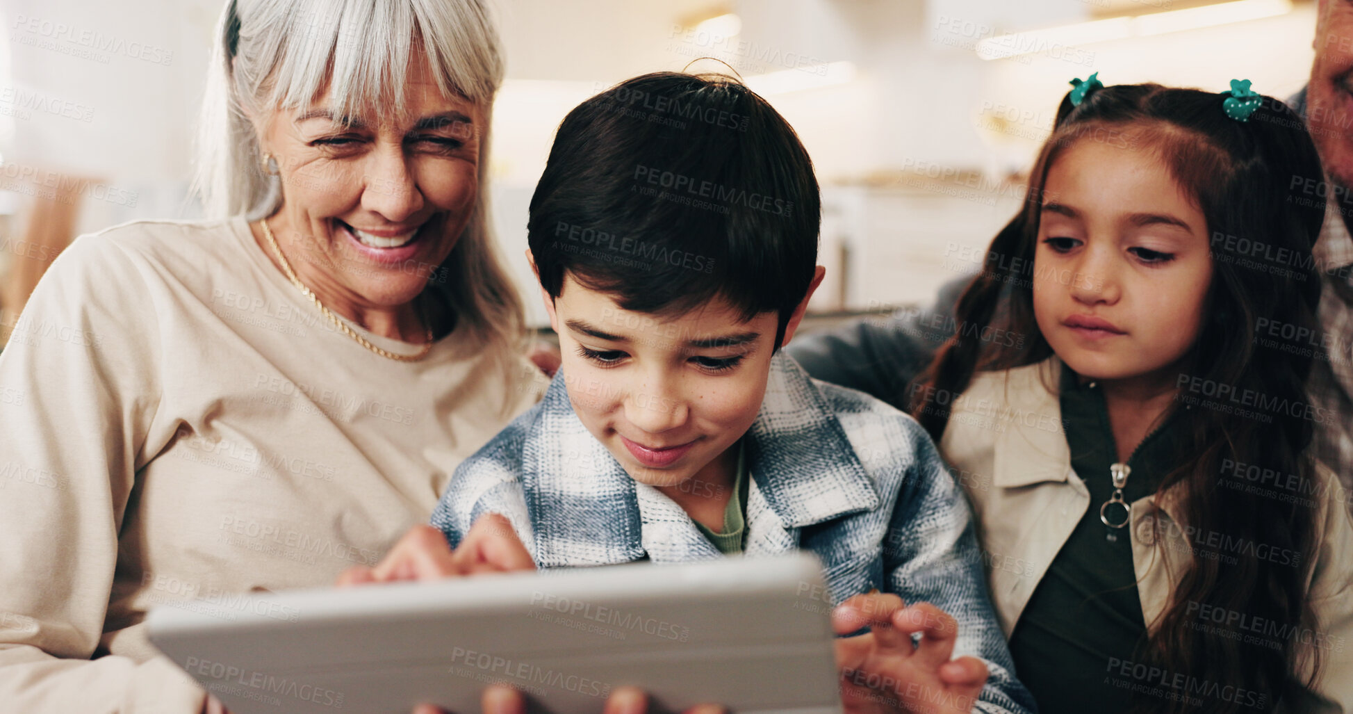 Buy stock photo Support, grandmother or kids with tablet in home for online game, bonding activity or weekend visit. Care, senior woman and children with tech for digital puzzle, relationship development and family