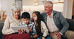Support, grandparents or kids with tablet in home for online game, bonding activity or weekend visit. Care, senior people and children with tech for digital puzzle, relationship development and happy