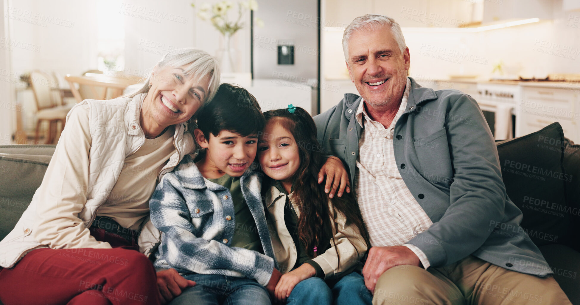 Buy stock photo Happy family, love and kids in home with grandparents, bonding and portrait together. Smile, grandmother and grandfather with children on sofa in lounge for connection, support and siblings relax