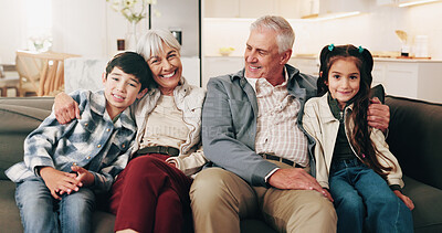 Buy stock photo Happy family, love and children in home with grandparents, bonding and portrait together. Smile, grandmother and grandfather with kids on sofa in lounge for connection, support and siblings relax