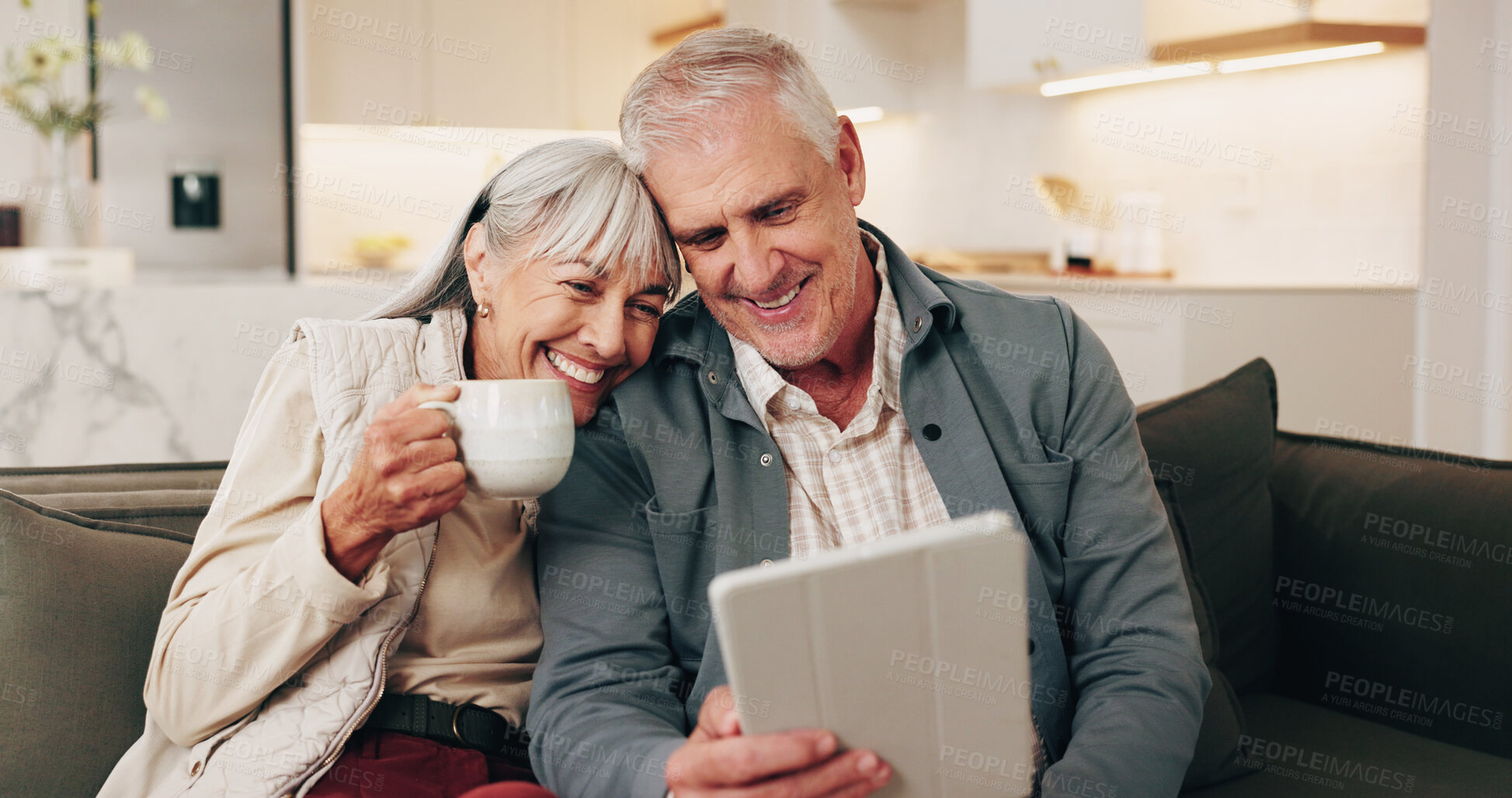 Buy stock photo Smile, old couple and coffee in home with tablet, good news and announcement for lottery winner. Happy, senior people and beverage at house with digital, notification email and giveaway prize on sofa