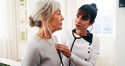 Buy stock photo Caregiver, women and stethoscope for elderly care in home, heart healthcare and wellness assessment. Retirement, medical volunteer and person with cardiology test, checkup and listening to heartbeat