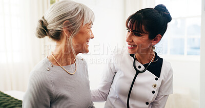 Buy stock photo Caregiver, stethoscope and happy woman with elderly care in home, heart healthcare and wellness. Retirement, medical volunteer and person with cardiology results, checkup and smile for good health