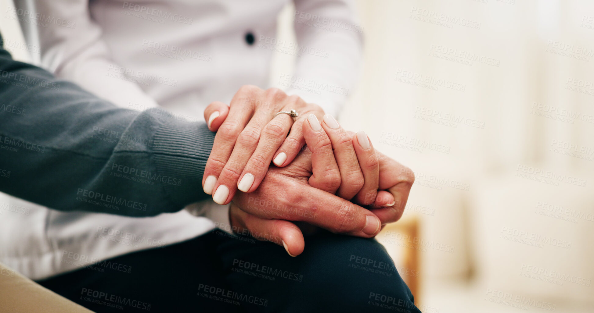 Buy stock photo Holding hands, comfort and nurse with senior man in home for support, help or assistance at checkup. Healthcare, empathy and caregiver with elderly patient for medical consultation in apartment.