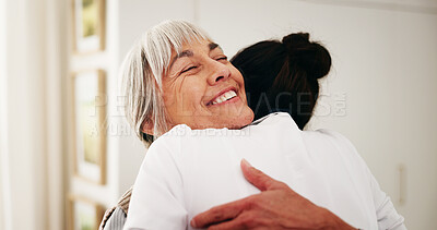 Buy stock photo Hug, nurse and senior woman in home for rehabilitation, healthcare or support at consultation. Happy, trust and caregiver embracing elderly person in retirement for comfort at checkup in house.