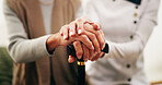 Holding hands, checkup and nurse with senior woman in home for comfort, help or assistance at consultation. Healthcare, empathy and caregiver with elderly patient for medical support in apartment.