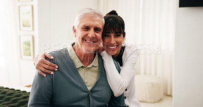 Buy stock photo Hug, nurse and portrait of senior man in home for rehabilitation, healthcare or support. Happy, trust and caregiver embracing elderly person in retirement for medical checkup in house together.