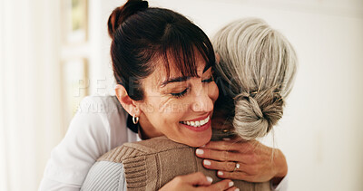 Buy stock photo Hug, nurse and senior woman in house for rehabilitation, healthcare or support at consultation. Happy, trust and caregiver embracing elderly person in retirement for comfort at checkup in home.