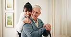 Hug, nurse and senior man with walking stick for rehabilitation, healthcare or support. Happy, mobility aid and portrait of caregiver with elderly person with disability for medical checkup in home.