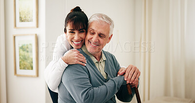 Buy stock photo Hug, nurse and senior man with walking stick for rehabilitation, healthcare or support. Happy, mobility aid and portrait of caregiver with elderly person with disability for medical checkup in home.