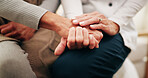 Holding hands, support and nurse with senior woman in home for comfort, help or assistance at checkup. Healthcare, empathy and caregiver with elderly patient for medical consultation in apartment.