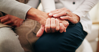 Buy stock photo Holding hands, support and nurse with senior woman in home for comfort, help or assistance at checkup. Healthcare, empathy and caregiver with elderly patient for medical consultation in apartment.