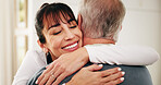 Hug, nurse and senior man in house for rehabilitation, healthcare or support at consultation. Happy, trust and caregiver embracing elderly person in retirement for comfort at medical checkup in home.