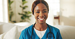 Nurse, smile and portrait of black woman on sofa of home for about us, medical volunteer and support. Assisted living, healthcare and community service intern with person in living room of apartment
