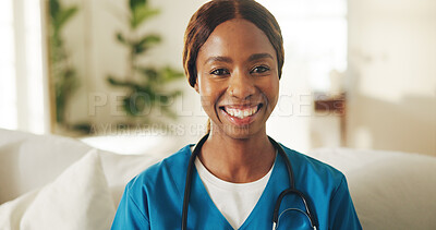 Buy stock photo Nurse, smile and portrait of black woman on sofa of home for about us, medical volunteer and support. Caregiver, healthcare and community service intern with person in living room of apartment