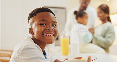 Buy stock photo Portrait, child and relax in kitchen with cereal, breakfast and comfortable for morning routine. Smile, family or kid in home with healthy porridge, positive attitude and happiness for weekend break 