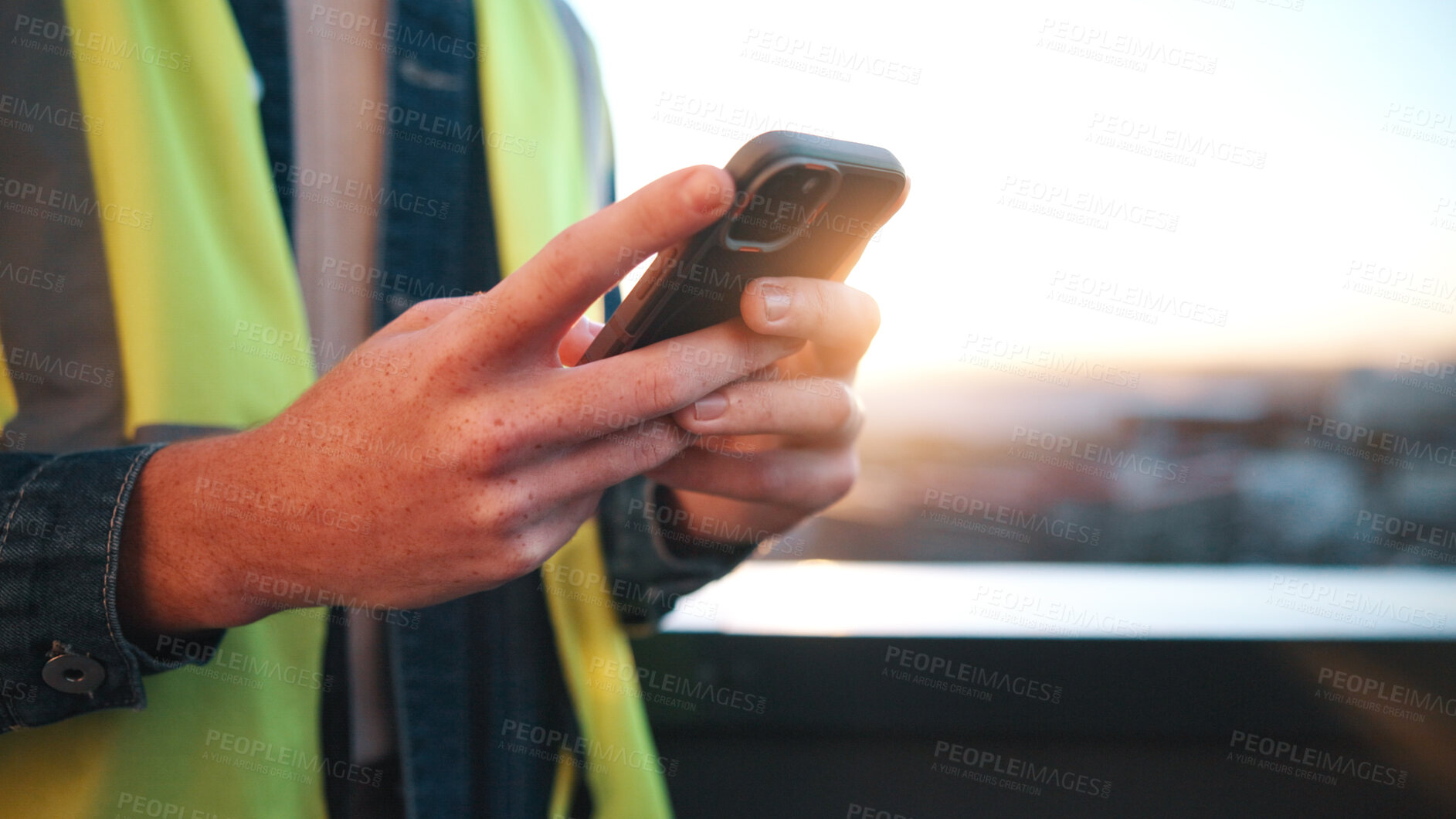Buy stock photo Person, hands and contractor with phone on balcony in city for network, communication or signal. Technician, texting or smartphone with lens flare for online connection, mobile test or app in town