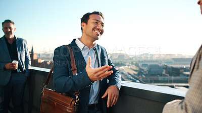 Buy stock photo Businessman, discussion or balcony in city for business conversation, introduction or deal. Happy man, employee or talking with smile or greeting for friendly meeting or negotiation in urban town