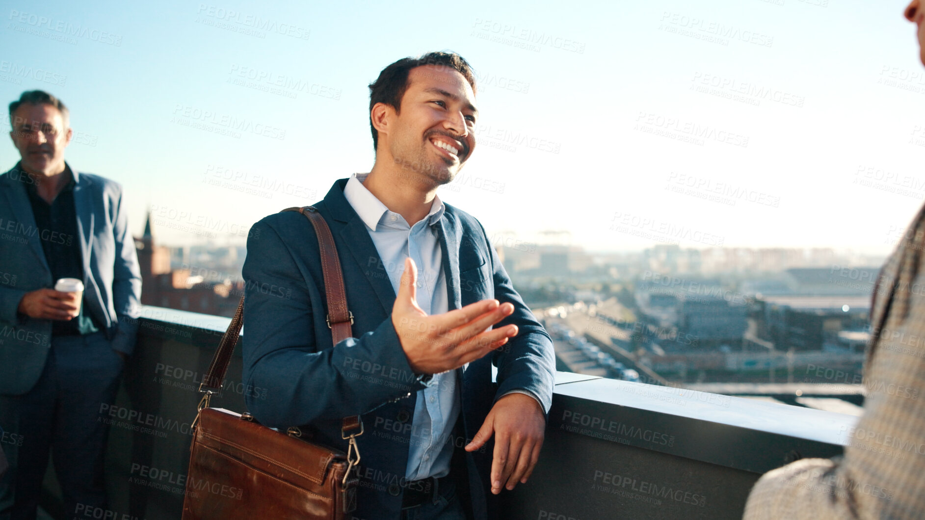 Buy stock photo Businessman, discussion or balcony in city for business conversation, introduction or deal. Happy man, employee or talking with smile or greeting for friendly meeting or negotiation in urban town