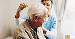 Help, old man and nurse with haircare in house for homecare, grooming and personal care. Beauty, senior person or carer with comb in assisted living for daily routine, hairstyle or retirement support