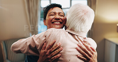 Buy stock photo Home, hug and woman with senior person for support, bonding and loving relationship for reunion. Retirement, happy and friends in embrace for affection, trust and connection for visit on weekend