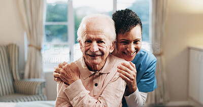 Buy stock photo Happy, portrait and nurse with senior man for support, bonding and care for assisted living. Retirement, nursing home and caregiver embrace elderly person for connection, wellness and trust for help