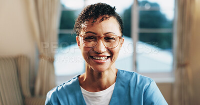 Buy stock photo Healthcare, nurse and happy portrait in house for medical service, homecare and career integrity. Professional, mature woman and glasses in lounge for assisted living, carer and pride in patient care